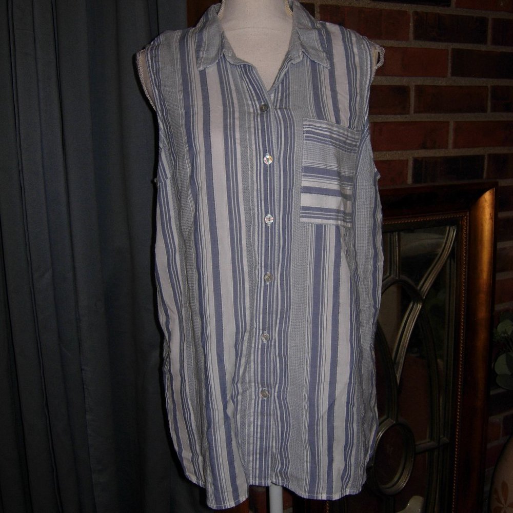 Striped Cotton Sleeveless Button Front Top L
